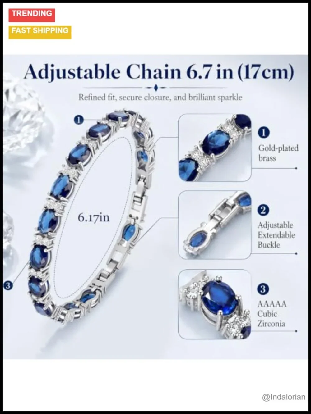 Tennis Bracelet with Oval Cubic Zirconia Adjustable Silver Tone